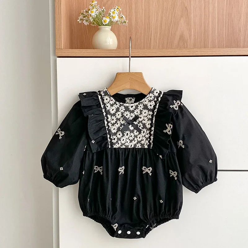 جديد ملابس الطفل القطنية الطفل المطرزة القوس رومبير الخريف الوليد الفتيات رومبير ملابس الطفل طويلة الأكمام بذلة تسلق الملابس