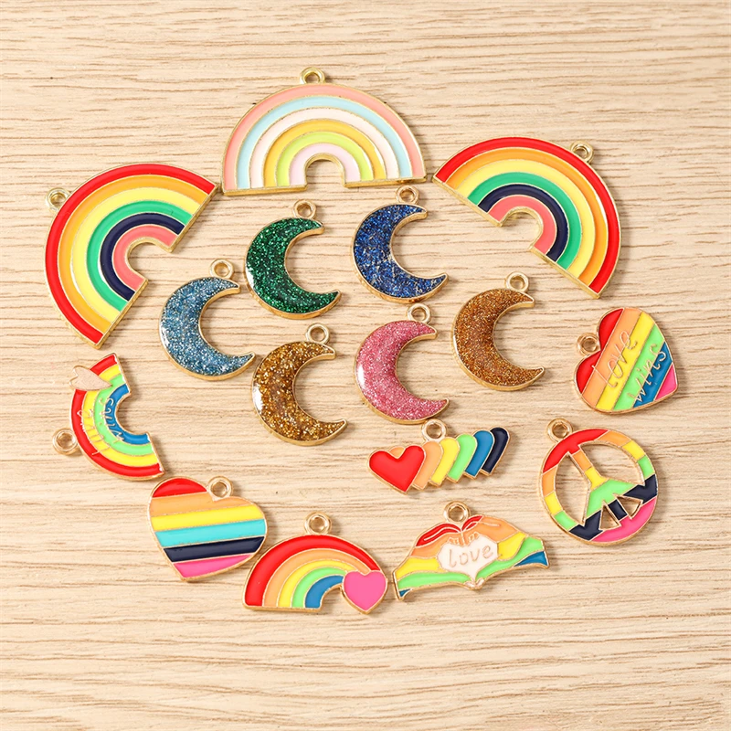 10 Stück Niedliche Bunte Emaille-Regenbogen-Herz-Mond-Anhänger für Schmuckherstellung, Halsketten, Ohrringe, Armbänder, DIY-Bastelzubehör – Detail 1