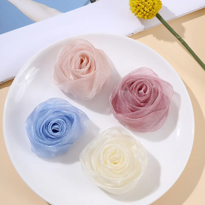 10PCS 4.5cm new organza snow rose flower bud hairpin shark clip accessories DIY headdress accessories