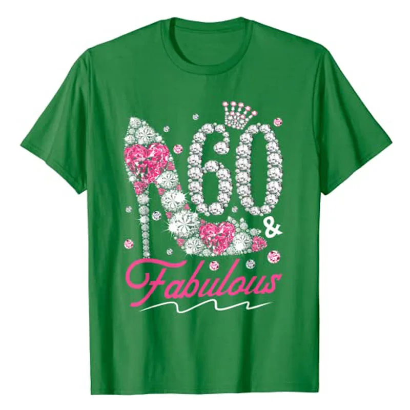 60th Birthday 60 & Fabulous Pink 60 Years Old Diamond Shoes T-Shirt Women\'s Fashion Mama Grandma Nana Queen Tee Tops B-Day Gifts