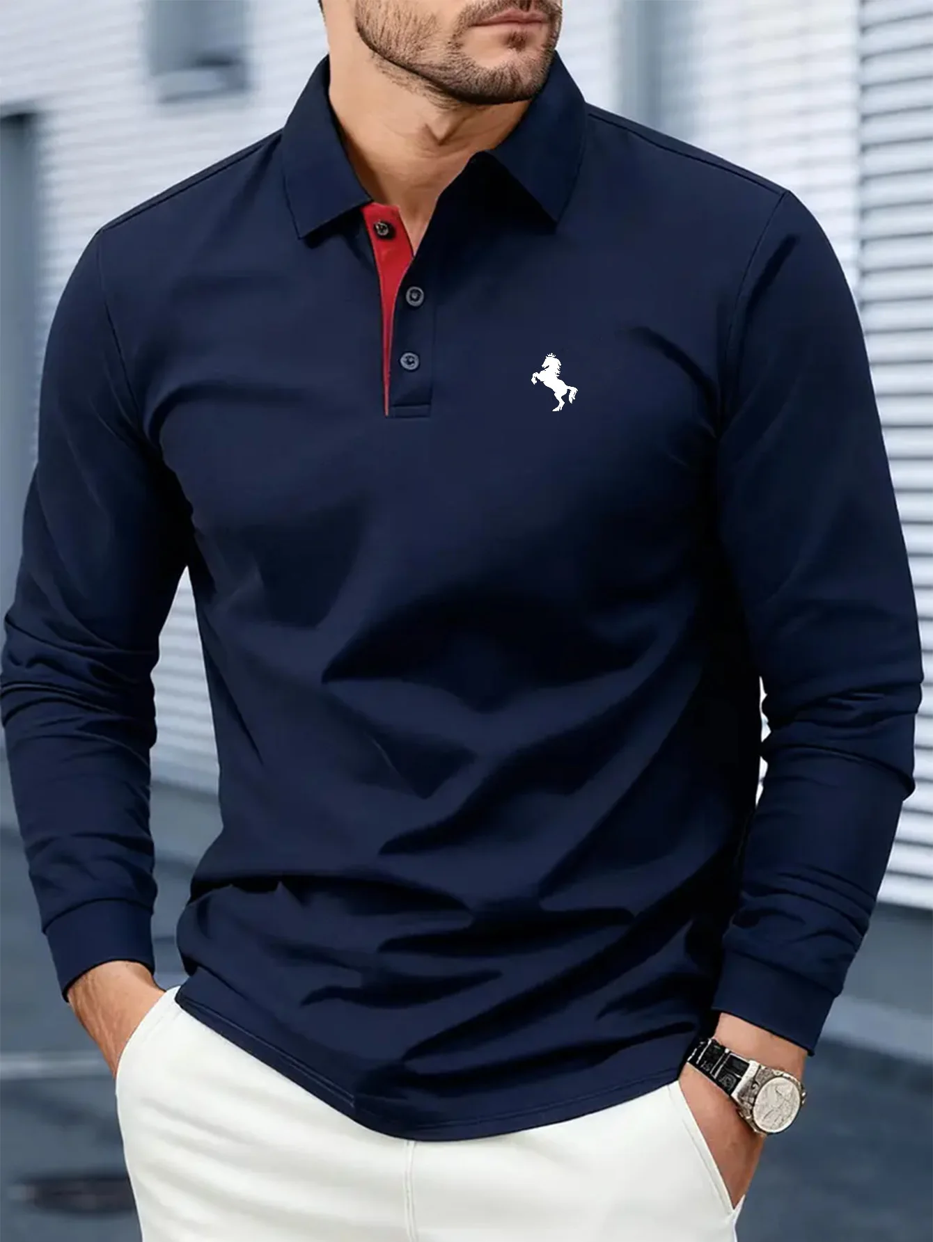 New Men's Stylish Polo Shirt for Autumn Minimalist Solid-Color Long-Sleeve Button-Collar Polo Men's Business-Casual Athletic Top
