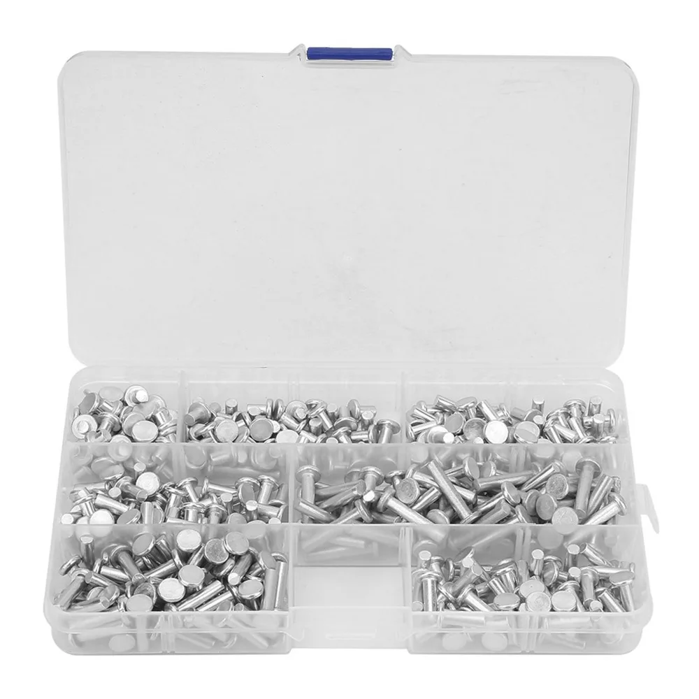 

350PCS 4mm to 20mm Length Range Flat Head Solid Rivets Kit Aluminum With Plastic Storage Box M4 Rivets Assortment Silver