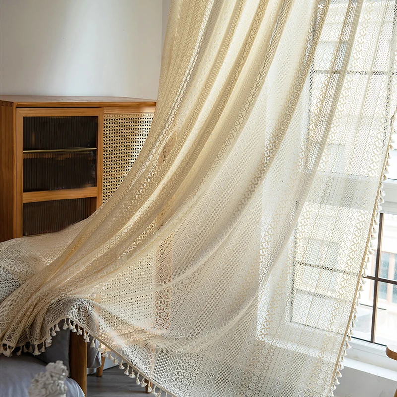 1 Stück Boho-Makramee-Vorhang mit Fransen, durchsichtiges Häkelspitzen-Panel für Schlafzimmer, Wohnzimmer