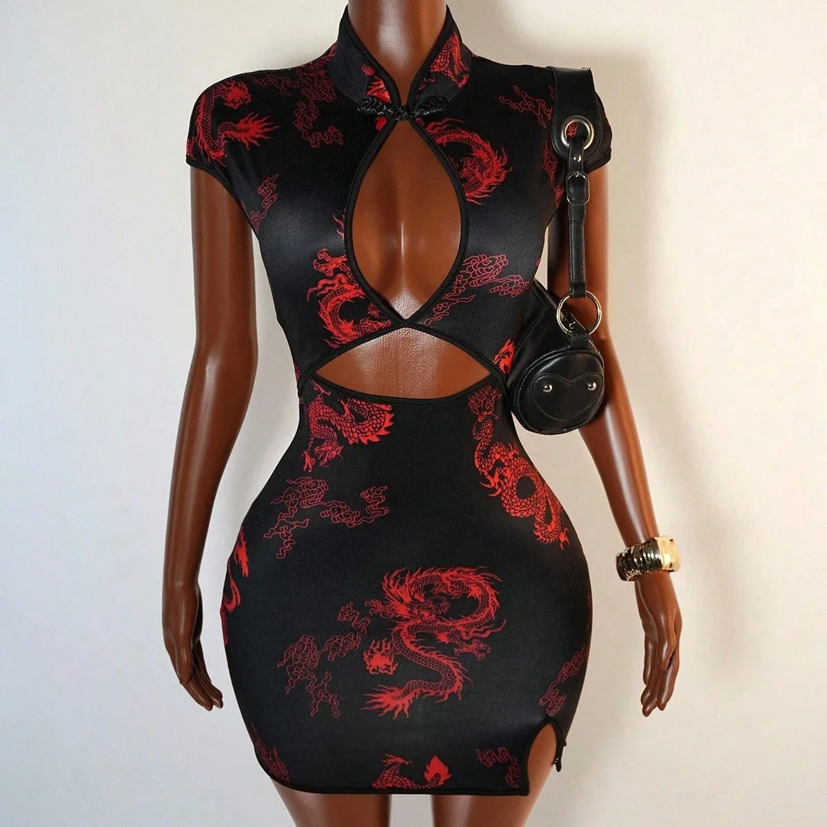 

Trendy Street Chinese Style Dragon Print Dresses Women Sexy Hollow Out Package Hip Cheongsam Dress Streetwear Lady Slim Vestidos