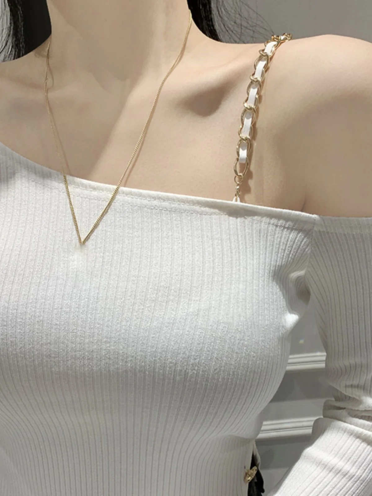 رغبة نقية Sle كم طويل الكتف عارية تي شيرت المرأة سليم صالح قاعدة قميص النسخة الكورية مثير ضيق ملابس داخلية #3