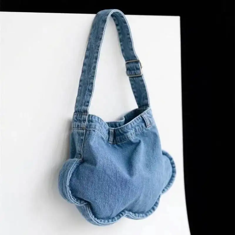 

Bloom Washed Denim Cloud Bag For Women 2025 New Summer Versatile Large Capacity Handbag Female Retro Shoulder Underarm Bags