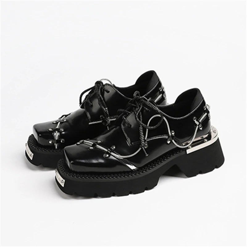 2024 New Retro Metal Decor Women Derby Shoes Thick Sole Dress Leather Shoes Casual Loafers Black Lace-up Platform Flats