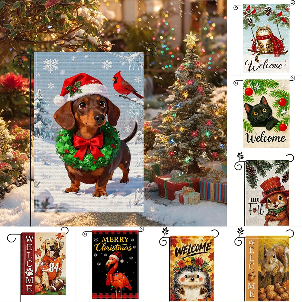 1pc  Cute Animal Autumn & Christmas Garden Flags For Outdoor Yard Decor