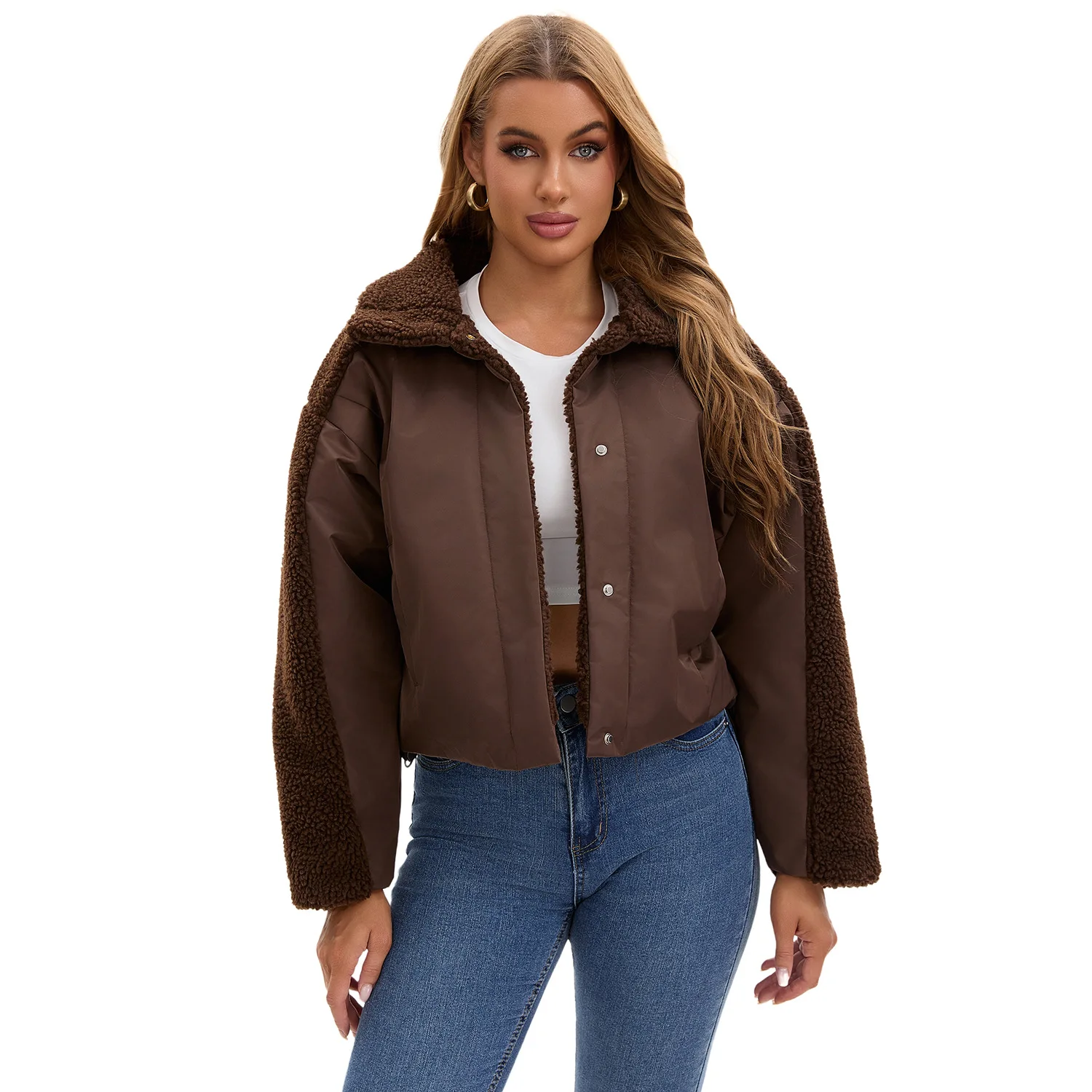 

Vintage Lady's Winter Shearling Coat Color Blocked Lapel Collar Single Breasted Coat For Women Casual Female's Thermal Jacket