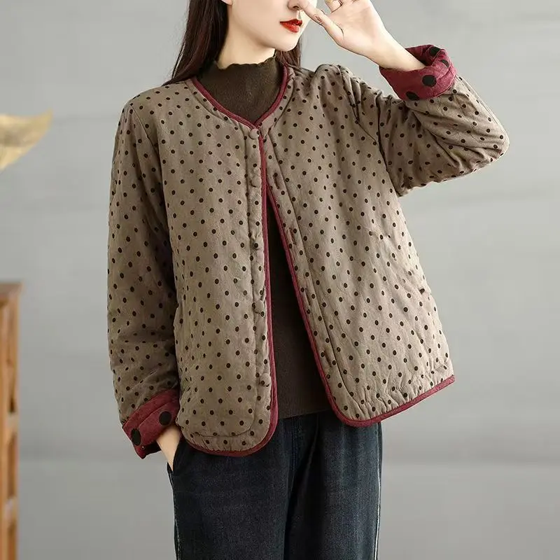 Women Polka Dot Reversible Padded Coat Vintage Loose Warm Casual Cotton Jacket Autumn Winter Outfit