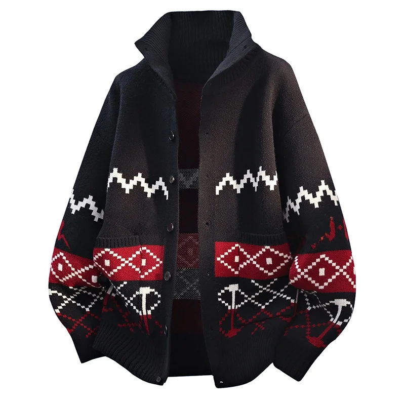 

Мужской вязаный свитер-пальто в стиле ретро с этническим узором, свободный крой, воротник-стойка, на молнии, для осени и зимы, повседневный, комфортный, с длинными рукавами