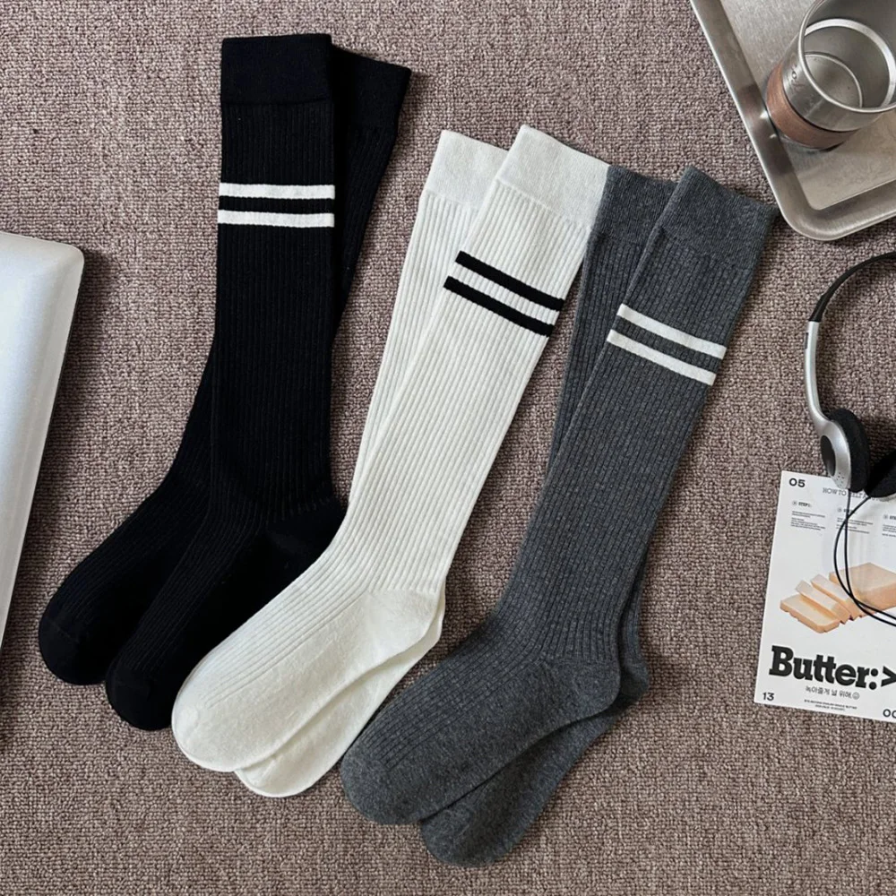

Daily Casual Calf Socks Women Fashion Two Stripe Korean Style Cycling Leg Socks Autumn Winter Long Female Socks High-Quality