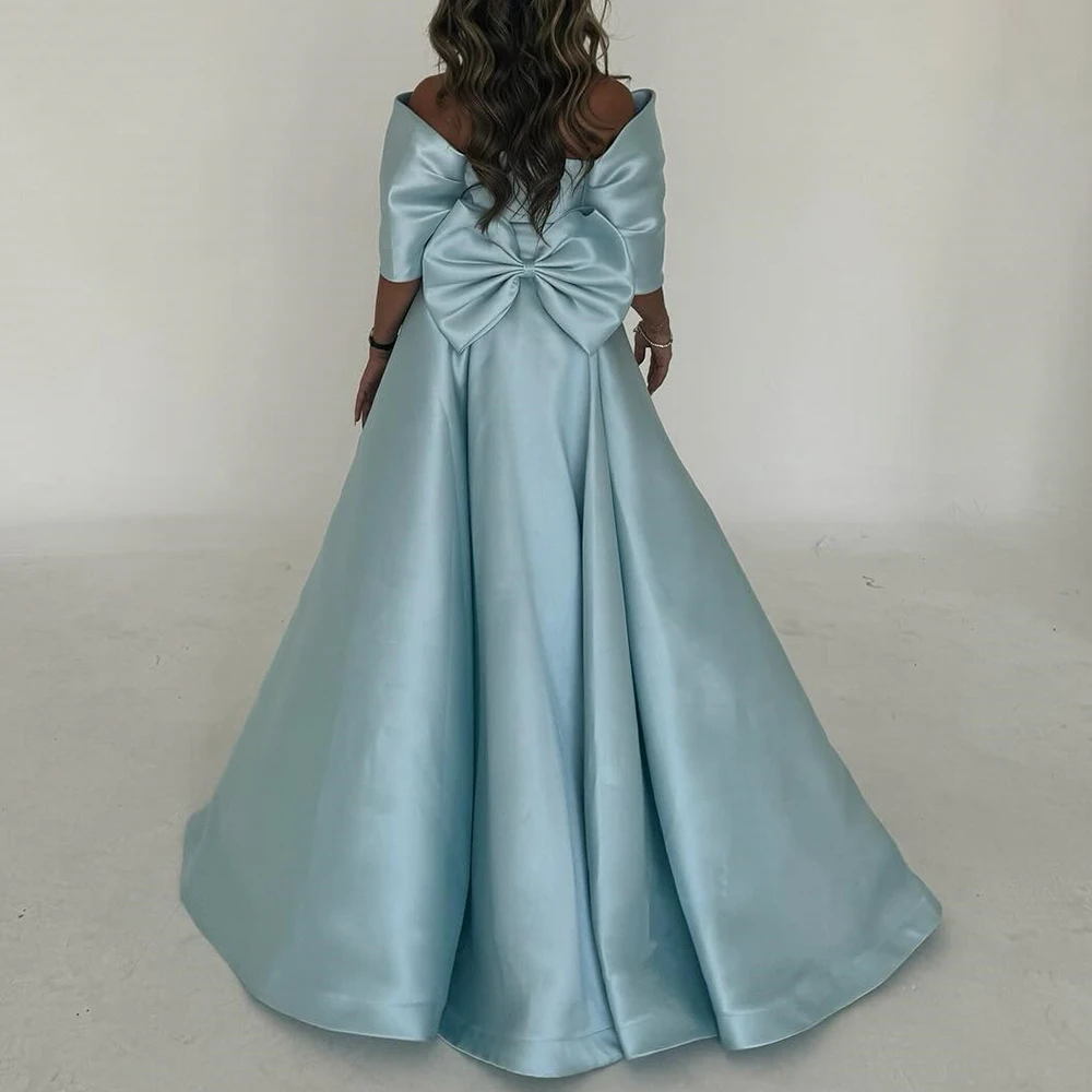 luxury and Delicate Appliques Beading Bow Sequined Evening Dress Blue Satin Off the Shoulder Straight Floor Length Half Sleeves