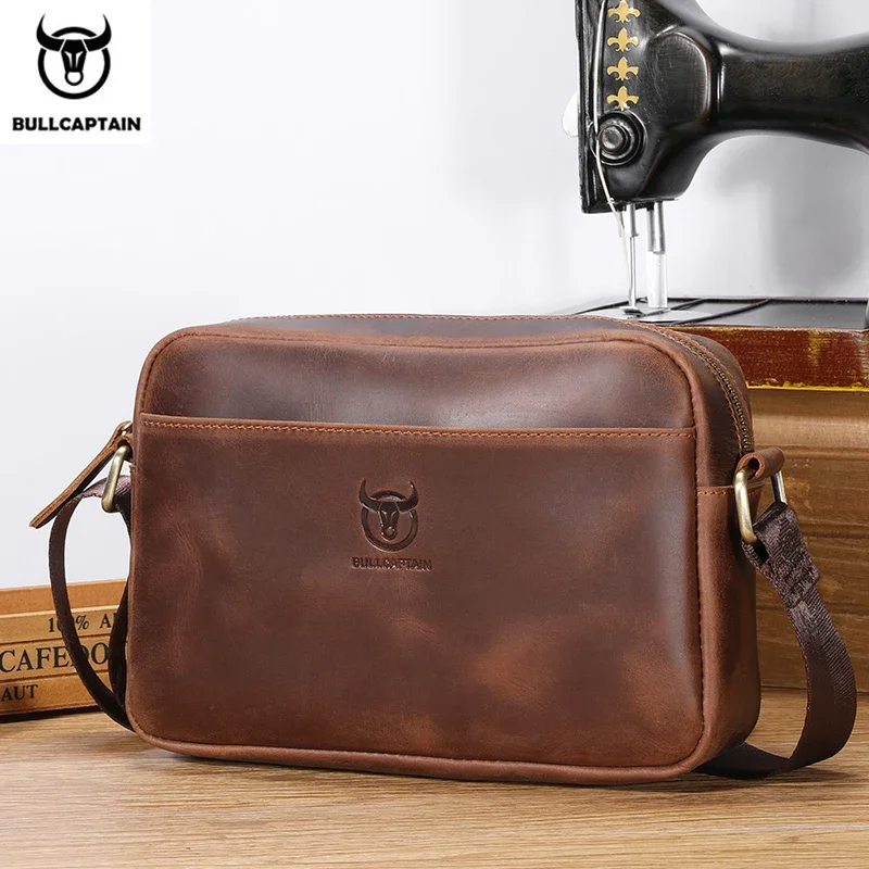 BULLCAPTAIN Men's Genuine Leather Shoulder Bag Retro Large Capacity Travel Bag Crazy Horse Leather High Quality Crossbody Bag