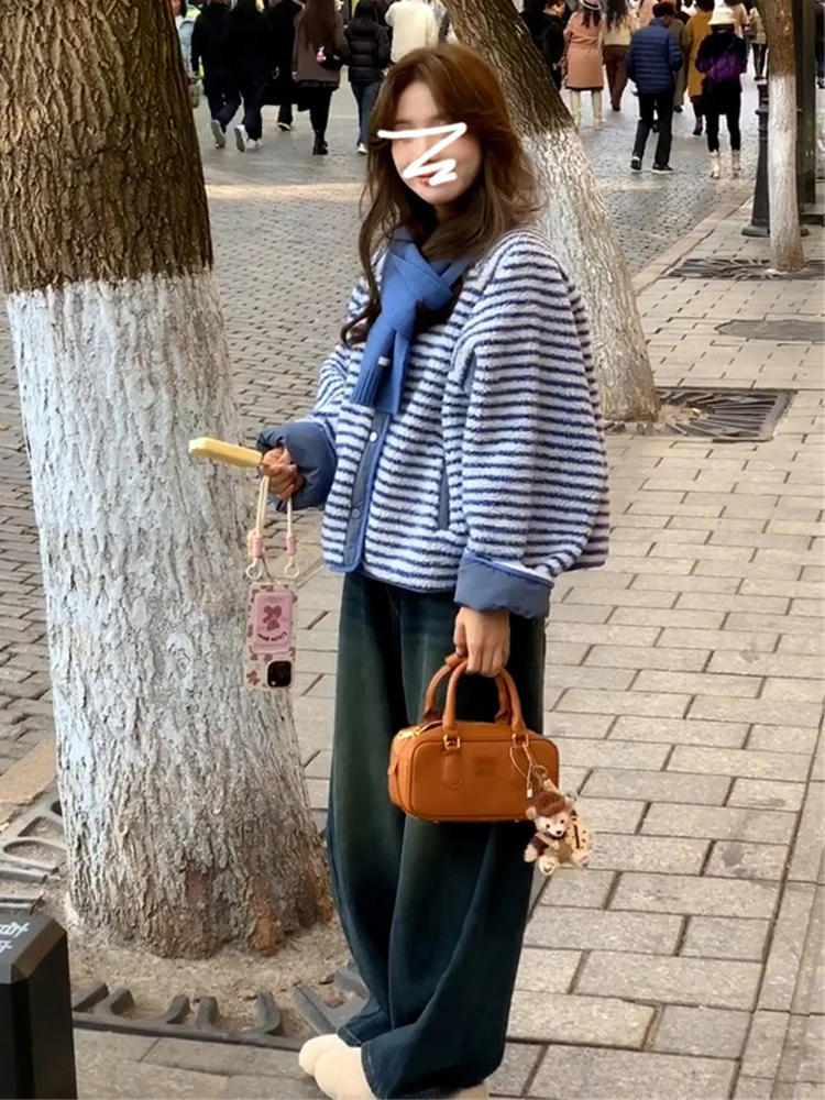 معطف نسائي كوري من فرو الخروف الممشط للخريف والشتاء، سترة علوية زرقاء مخططة، معطف أنيق فضفاض وطويل