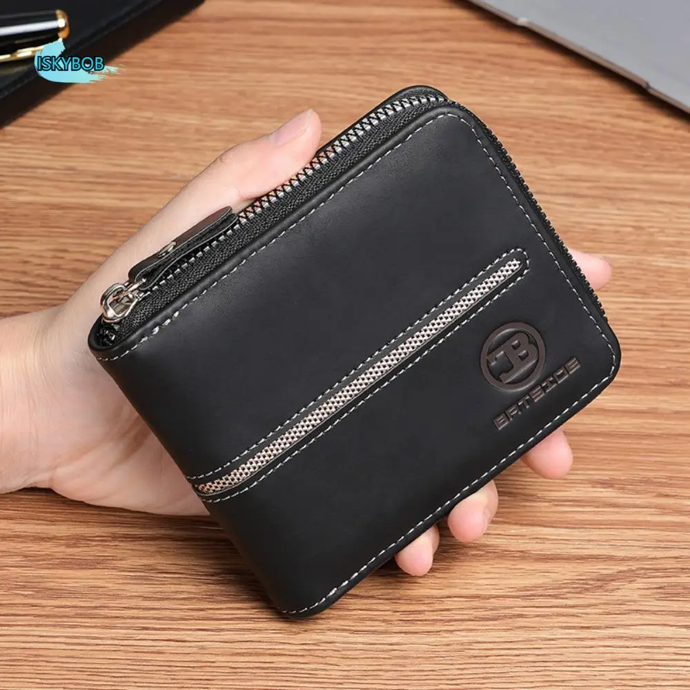 

Portable PU Leather Men's Wallet Multi-functional Large Capacity Short Card Bag Zipper Closure Fold Student Purse Gift