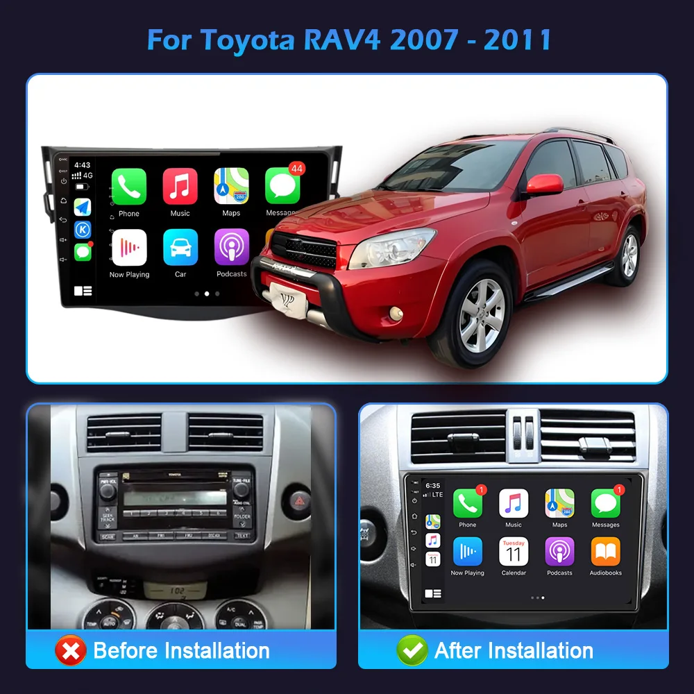 Car Radio For Toyota RAV4 2007-2011 Navigation 4G GPS Wireless Apple Bluetooth CarPlay Android OS Multimedia Touch Screen Stereo