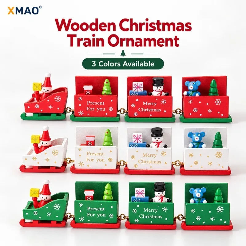 Christmas Wooden Train Ornament, 4-Car Mini Tabletop Decoration with Santa Gifts Snowman Bear, Holiday Home Shelf Desk Decor