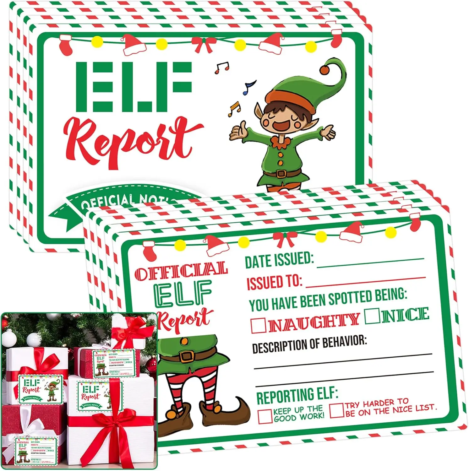 Official Elf Reports North Pole Elf Christmas Cards 4 x 6 Inch Elf Report Naughty and Nice Behavior Xmas Note Card 10pcs