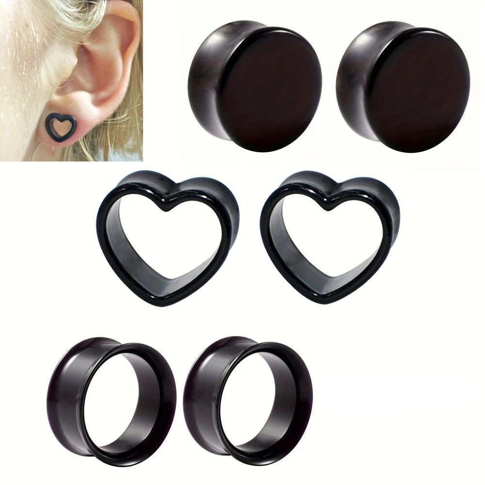 2PCS Black Acrylic Round Heart Hollow Ear Tunnel Plug Double Flared Saddle Expander Fashion Simply Ear Piercing Jewelry 6-16mm