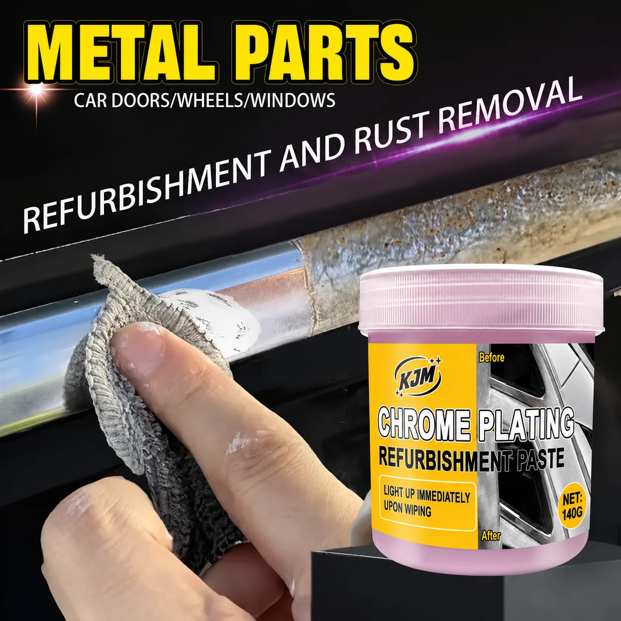 KJM Chrome Polish 140G Metal Trim Restorer Rust Remover For Car Wheels Door Handles Bumpers Mirrors And Household Fixtures
