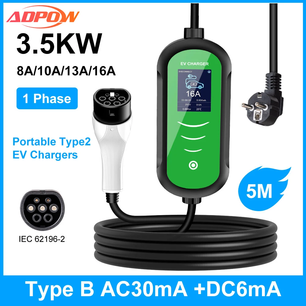 

ADPOW Portable 16A Type2 EV Chargers Type B Leakage Protection 3.5KW 5M Cable Wallbox Current Adjustable EV Charging Accessories