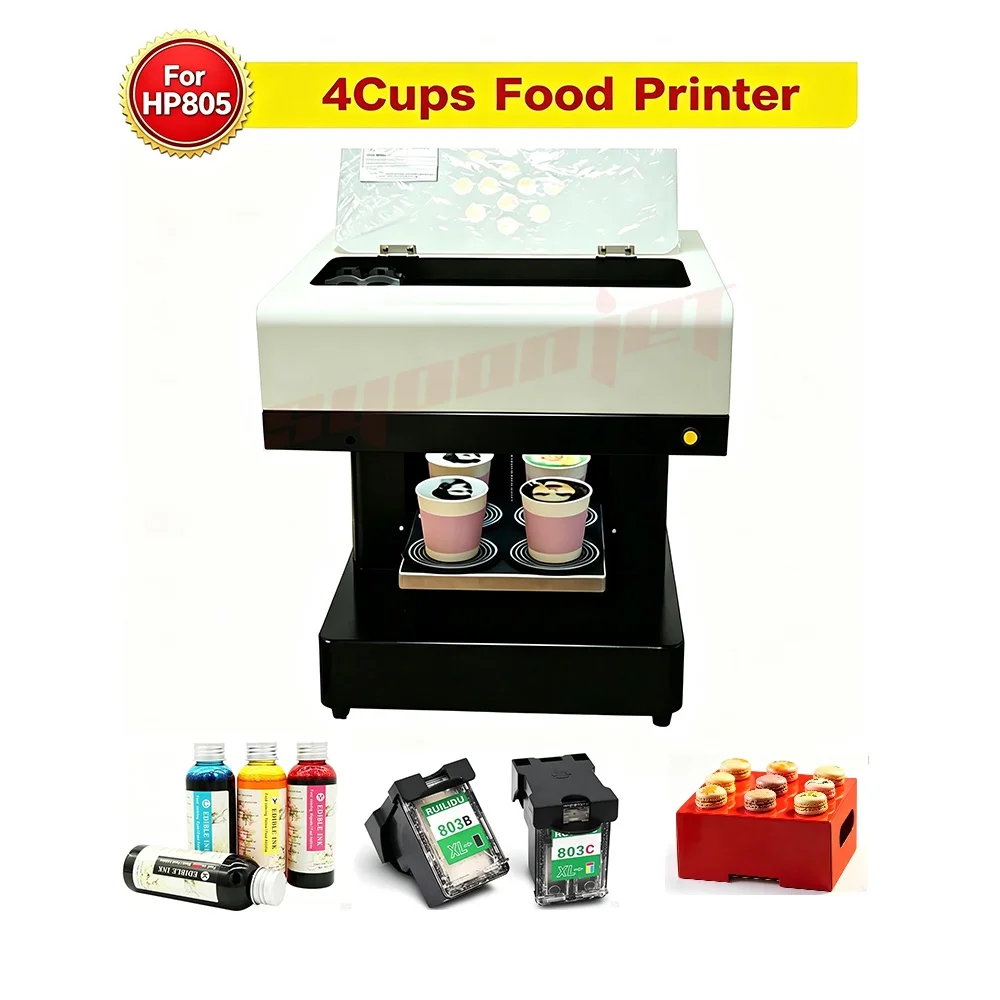 4Cups Edible Ink Food Printer for HP805  Cake Latte Art Printer Coffee Milk Tea cookie macaron printing machine