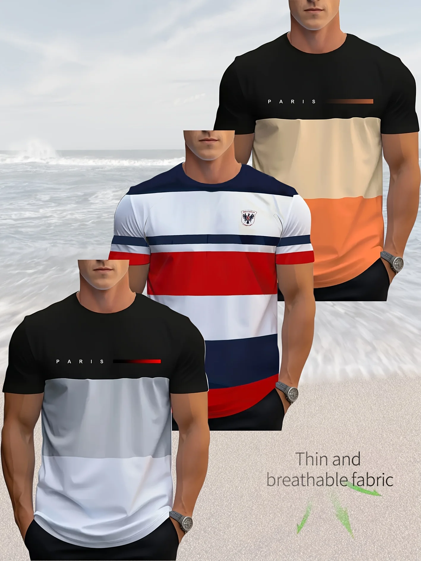 

3PCS Adult Simple Striped T-Shirt Lightweight Casual Quick Drying Sports Short Sleeve Suitable for Normal and Large Sizes