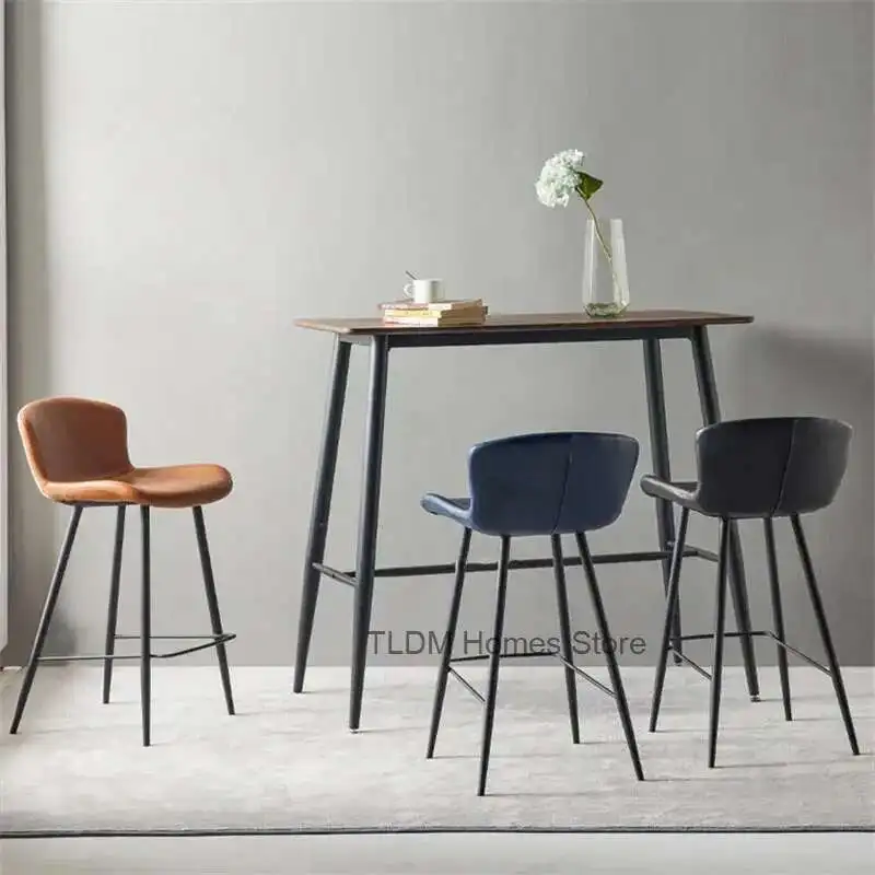 

Nordic Saddle Leather Bar Chair for Bar Furniture Light Luxury Home Kitchen Dining Room Bar Stool Simple Iron Leisure High Stool
