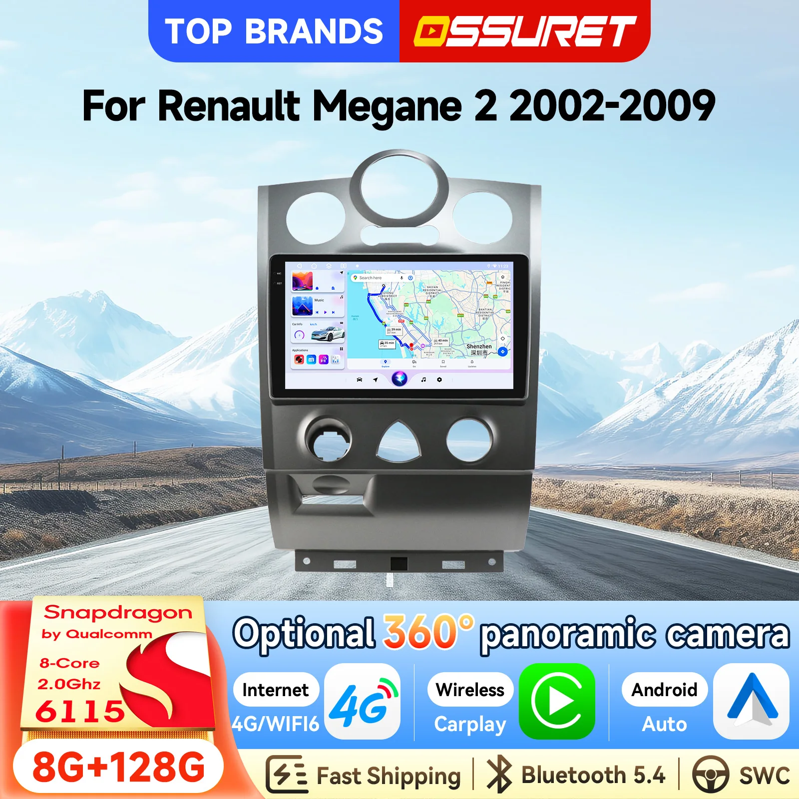 OSSURET Consegna Rapida Autoradio Android 15 da 9 Pollici 2 Din con Navigazione GPS per Renault Megane 2 2002-2009, Unità Principale con CarPlay Wireless, Android Auto, SWC, RDS, DSP, 4G Wifi,