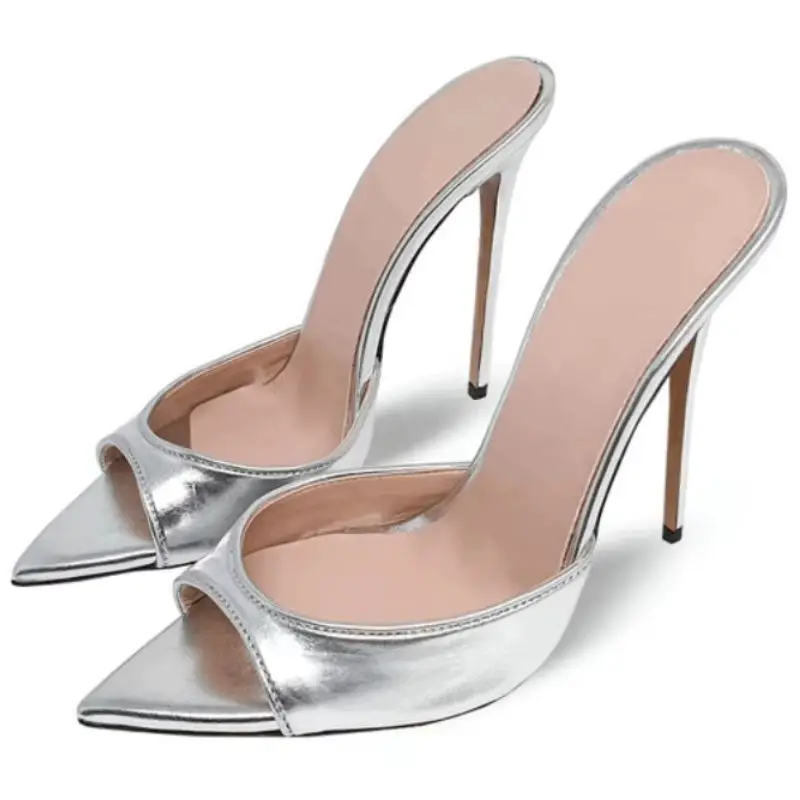 

Sexy Women's Slippers 2025 Summer Mules Shoes Slides Female Point High Heels Gold Silver Sandals Large Size Party Shoes Brand