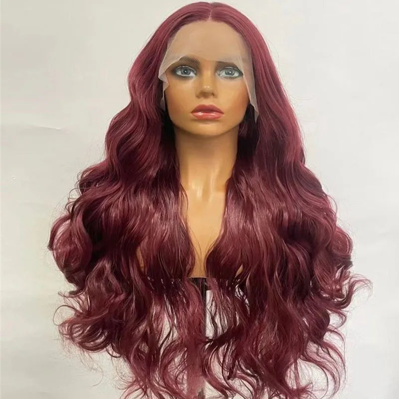 Perruque Lace Front Wig Body Wave sans colle bordeaux pour femmes noires, douce et longue, préplumée, cheveux de bébé, densité 180, 26 po, 03/3