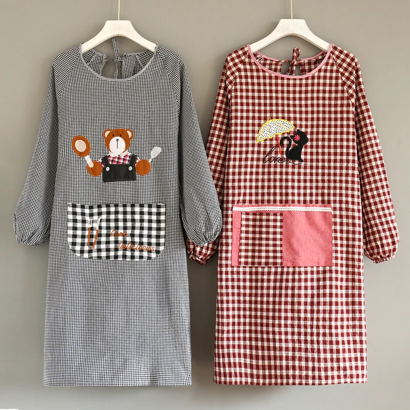 

Cotton Apron Long Sleeve Kitchen Home Overclothes Fashion Women's Oil-Proof Cute Summer Work Clothes Korean Style Men's Custom