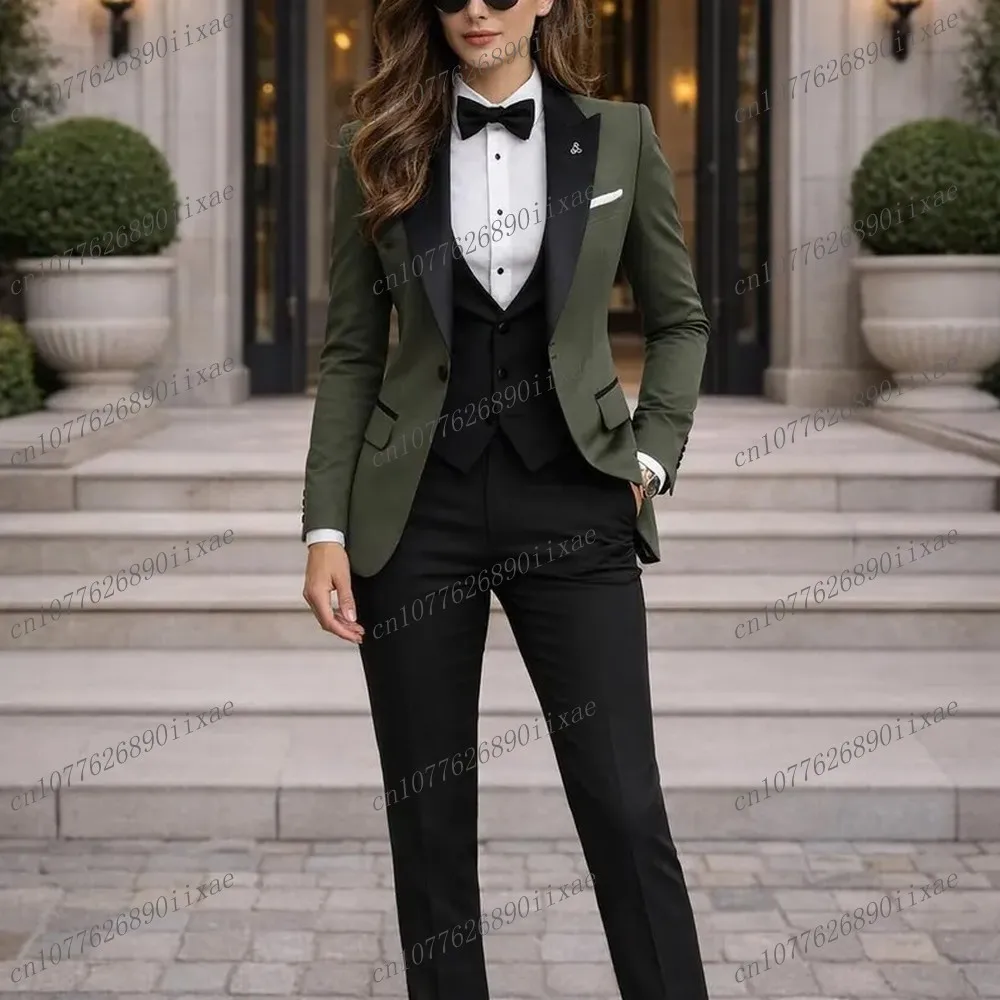 

Army Green And Black Women Suits Lady Business Office Tuxedos Mother Wedding Party Formal Ladies 3 Piece Set Jacket Vest Pants