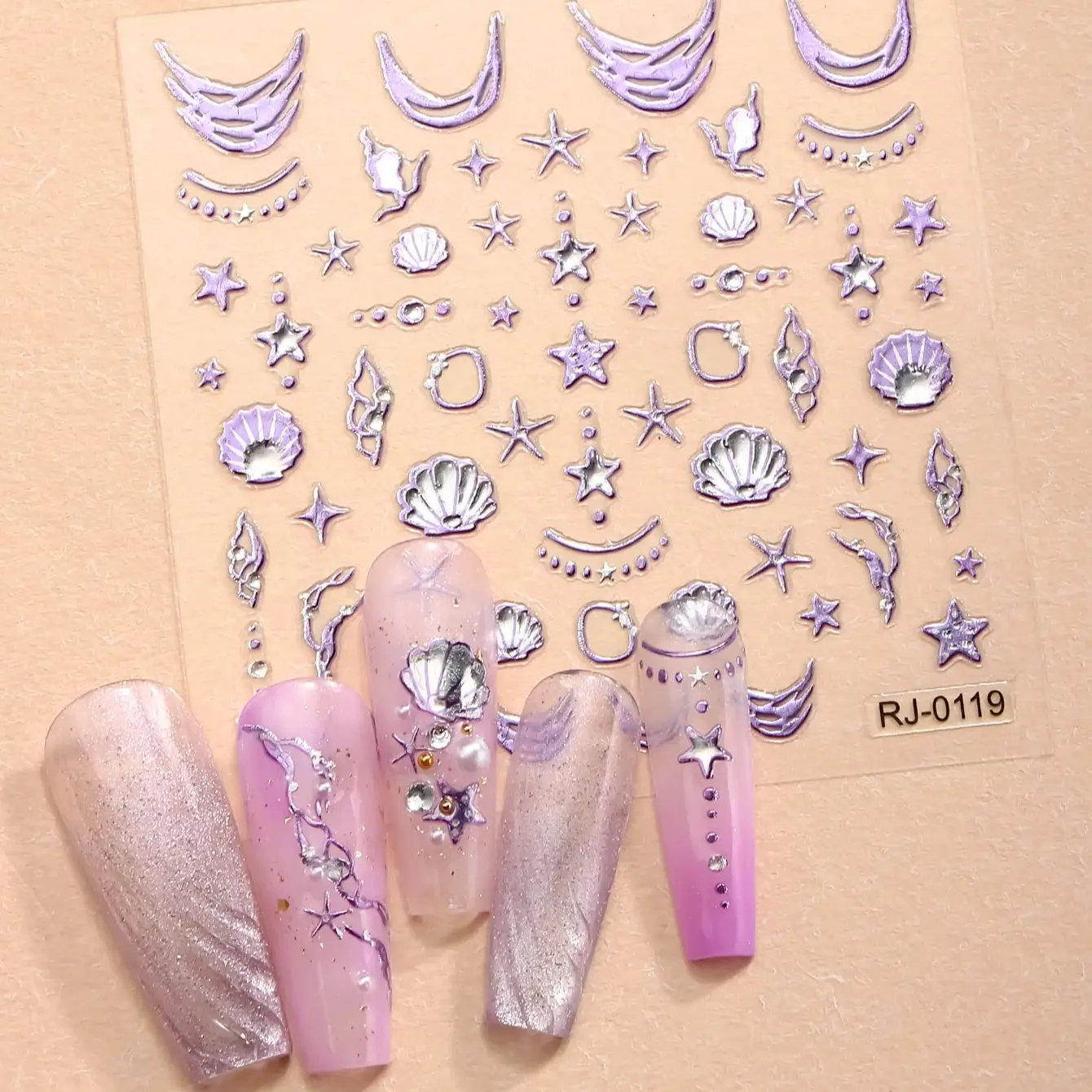 

5D Ocean Nail Art Sticker Purple Shells Starfish Mermaid Tail Pearls Self-Adhesive Nails Decals for DIY Manicure Decoration