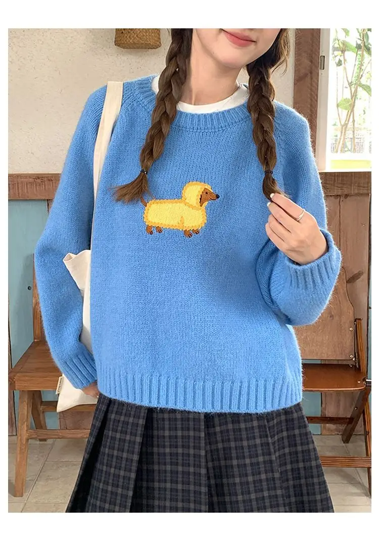 Bild 4: Amerika Hip Hop Lustige Hund Stickerei Cartoon Gestrickte Pullover Gelb Rundhals Bluse Adrette Lolita Mädchen Frauen Winter Tops