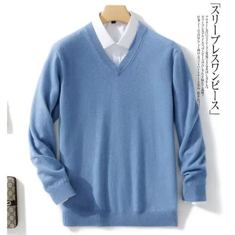 

New Knitted Sweater for Men Business Casual Classic V-neck Pullovers 2024 Winter Cashmere Cotton Blend Comfortable Knitwears