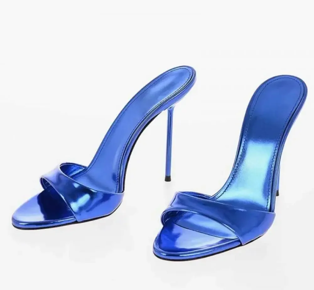 

Stylish Blue Open Toe Stiletto Heel Mules Sandals Woman Thin High Heel Female Slip On Sandal Shoes