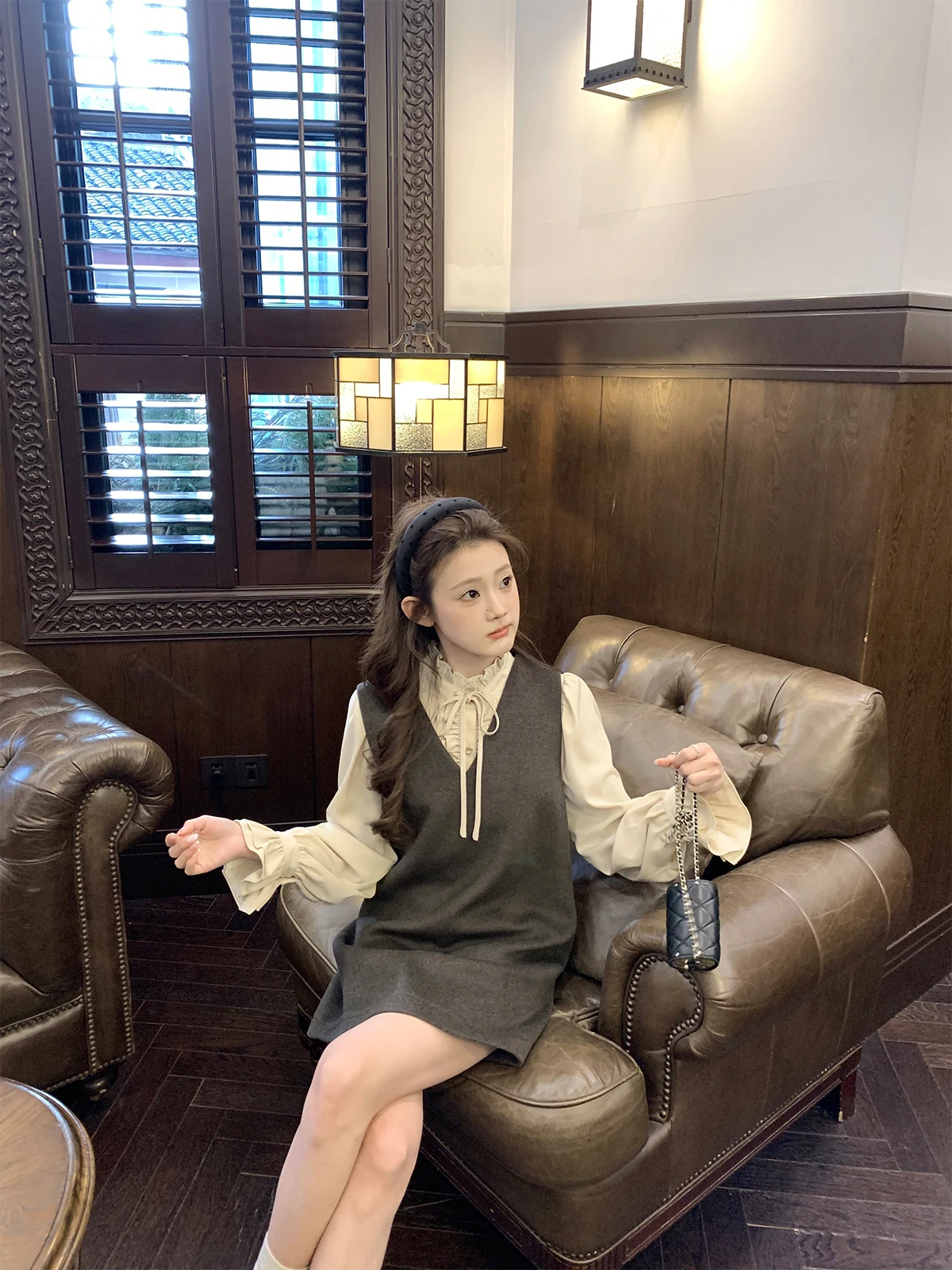 

Комплект из двух предметов Ele Lady с воротником с рюшами V-Ne irt и жилеткой юбкой, весенне-осенний ансамбль Faion для женщин