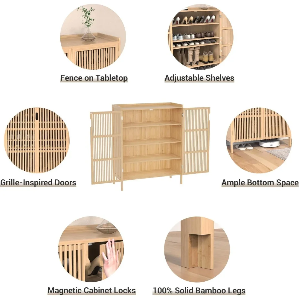 Armadietto portascarpe in bambù da 20 paia con 5 livelli e ante a griglia per stile fattoria