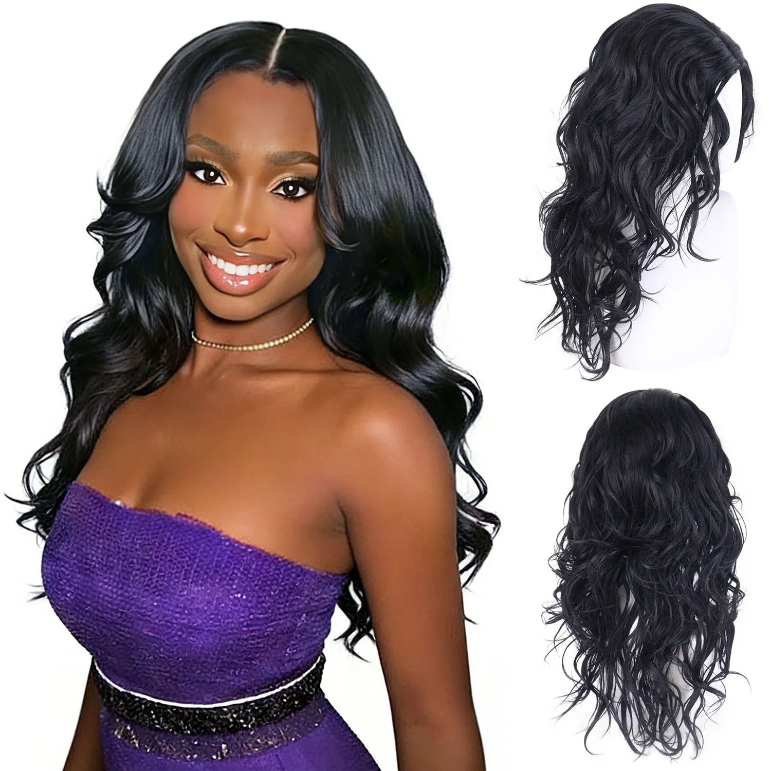 Synthetic Wigs 24 Inch Women's Long Wavy Black Middle Part Body Wave Heat Resistant Fluffy Wig for Daily Party Use Cosplay Wear