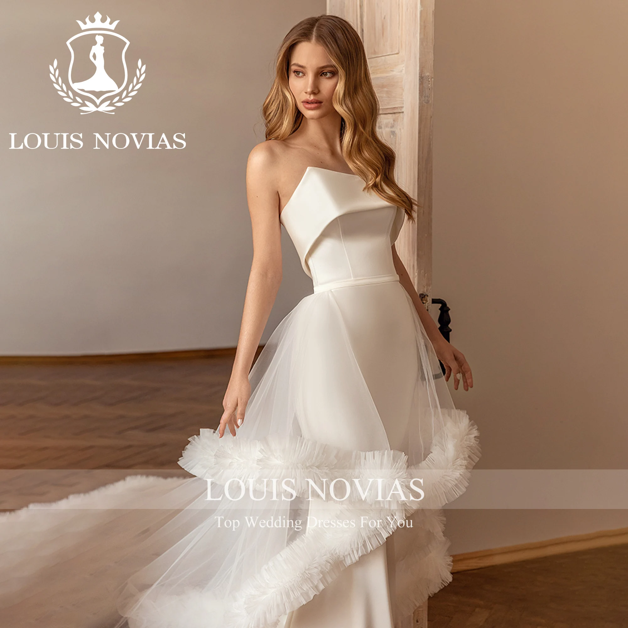 LOUIS NOVIAS 2 IN 1 ชุดเดรสเมอร์เมดเซ็กซี่ใหม่มาถึง Strapless Tulle ที่ถอดออกได้รถไฟ Sheath ซาตินชุด Vestidos De Novia