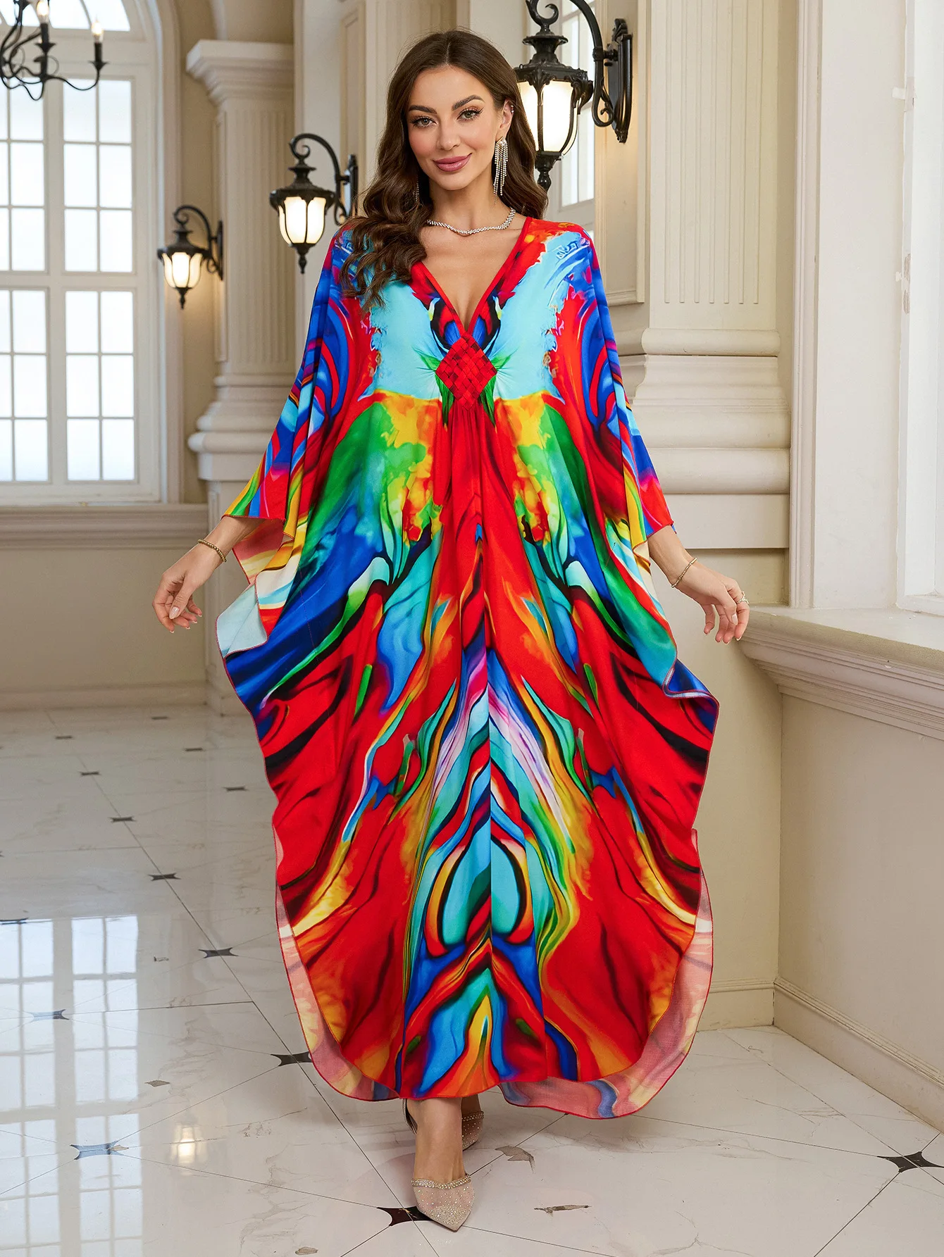 Beach Kaftans for Women Printed Maxi Dresses V Neck Hand Woven Cover Ups for Swimwear Summer Holiday Beachwear Vestidos Praia