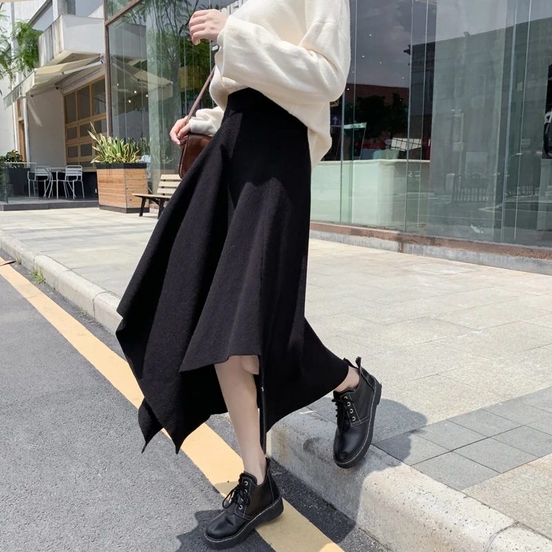 

New Arrival Autumn/winter Korea Style Women Casual Loose Asymmetrical Mid-calf Skirt All-matched High Waist A-line Skirts V209