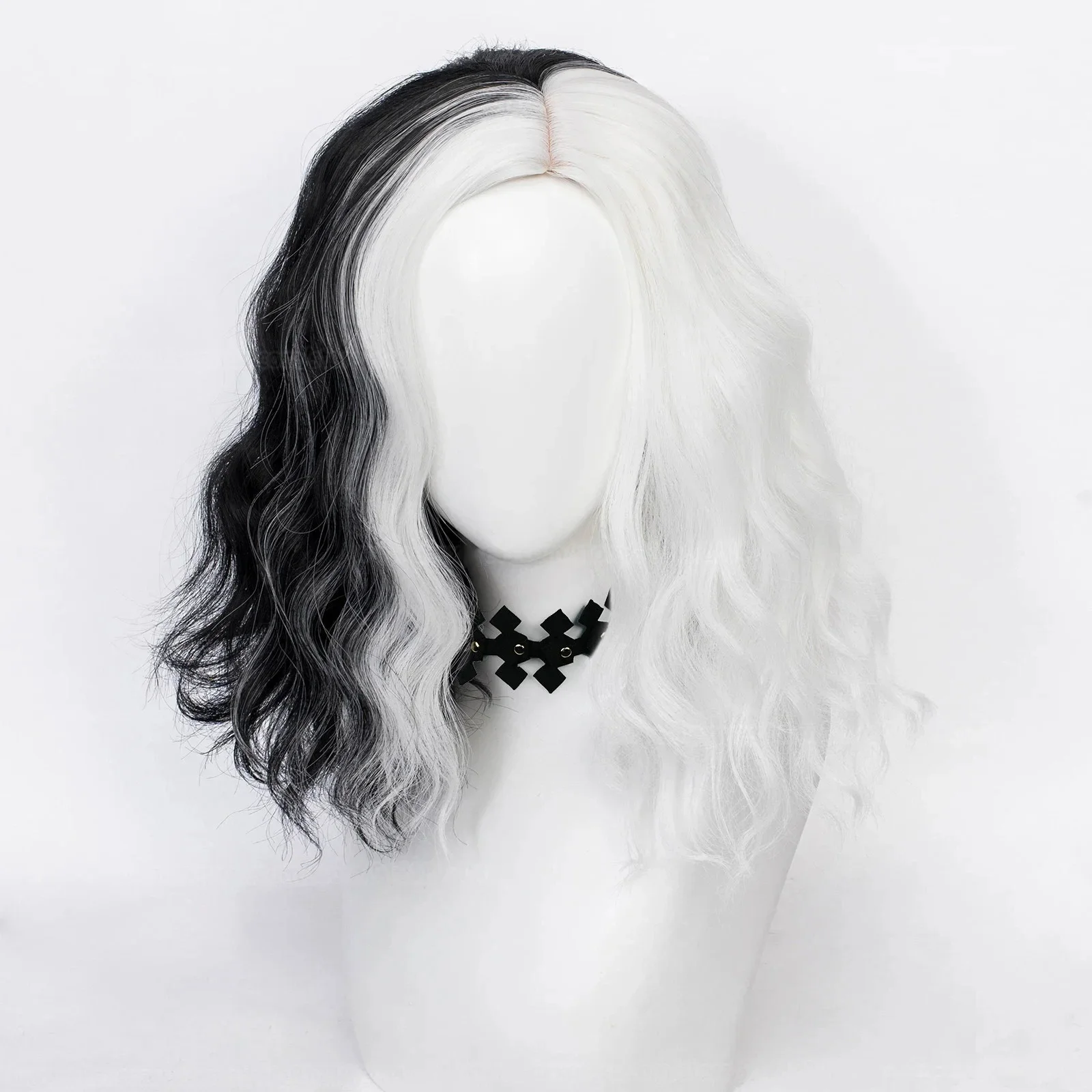 Convention Anime Cruella de Vil Cosplay Wig Props Cruly Half Black And Half White Heat Resistant Hair Wigs Mask Gloves Necklace