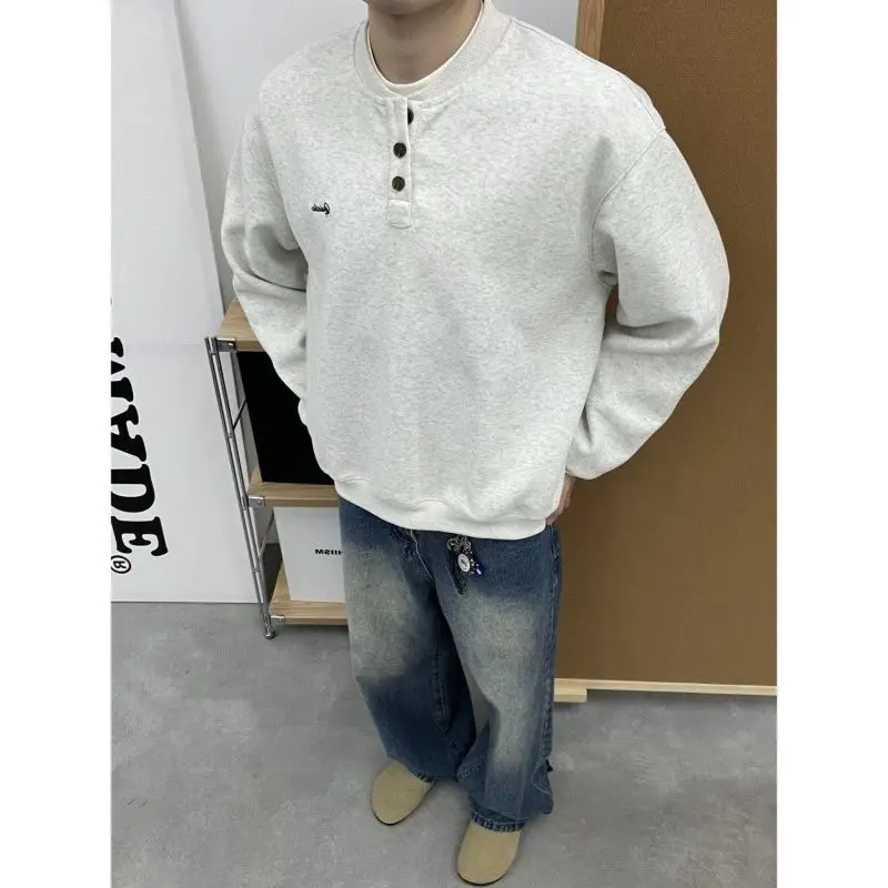 Trendy Korean Retro Ins Simple Boyish Henry Collar Sweatshirt Men and Women Street Niche Y2K Loose Casual Long-sleeved Top