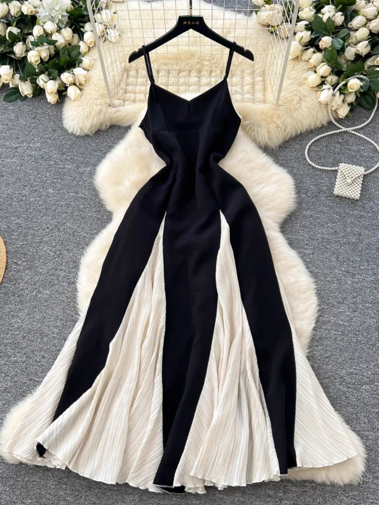 

French Retro Long Dress Women Elegant Patchwork Pleated Party Dresses Ladies Lotus Leaf Sexy V-neck beach Long Robe Vestidos