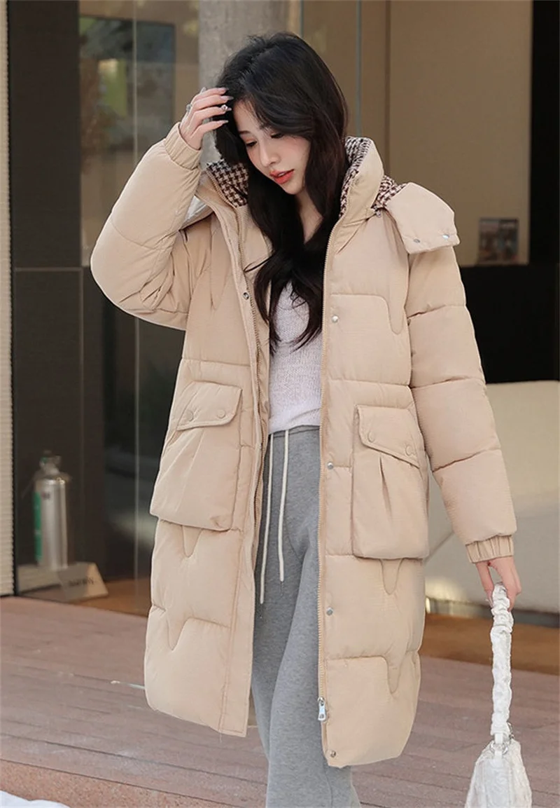 2024 New Winter Jacket Long Parkas Women Down Padded Coat Puffer Jacket Hooded Big Pocket Down Cotton Snow Female Overcoat Outwe