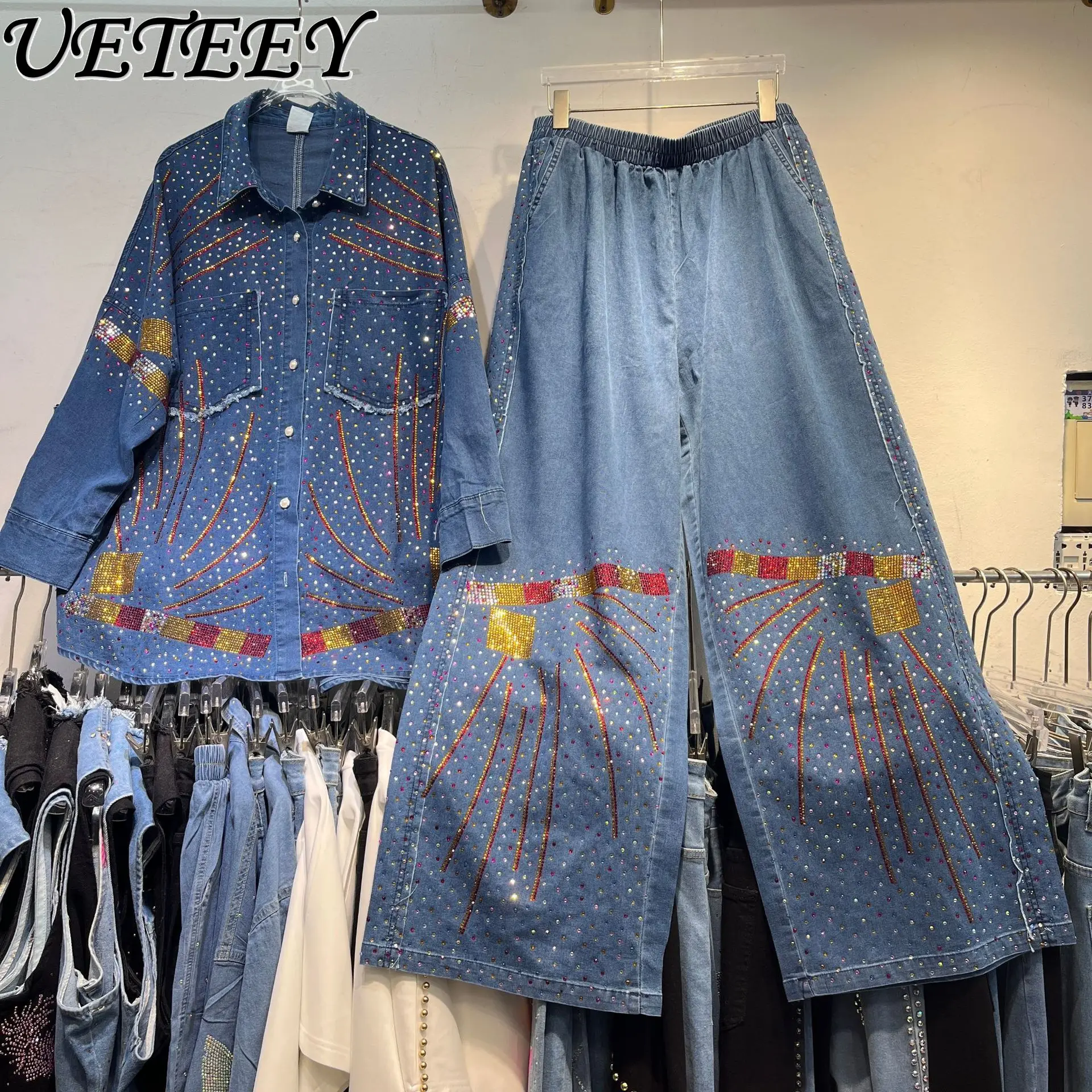 

High Street Denim Shirt Jacket 2025 Autumn New Heavy Rhinestone Design coat Jeans Wide-Leg Pants Two-Piece Sets Women's Outfits