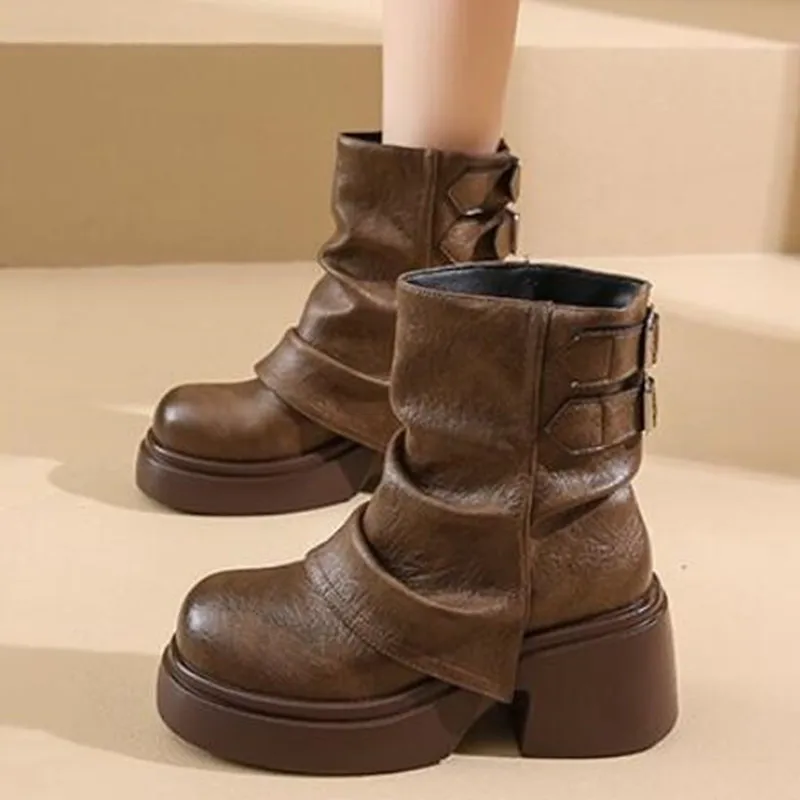 

НОВИНКА 2026, модные осенне-зимние женские простые высококачественные и элегантные винтажные короткие ботинки, стильные кожаные ботинки на толстой подошве, женские